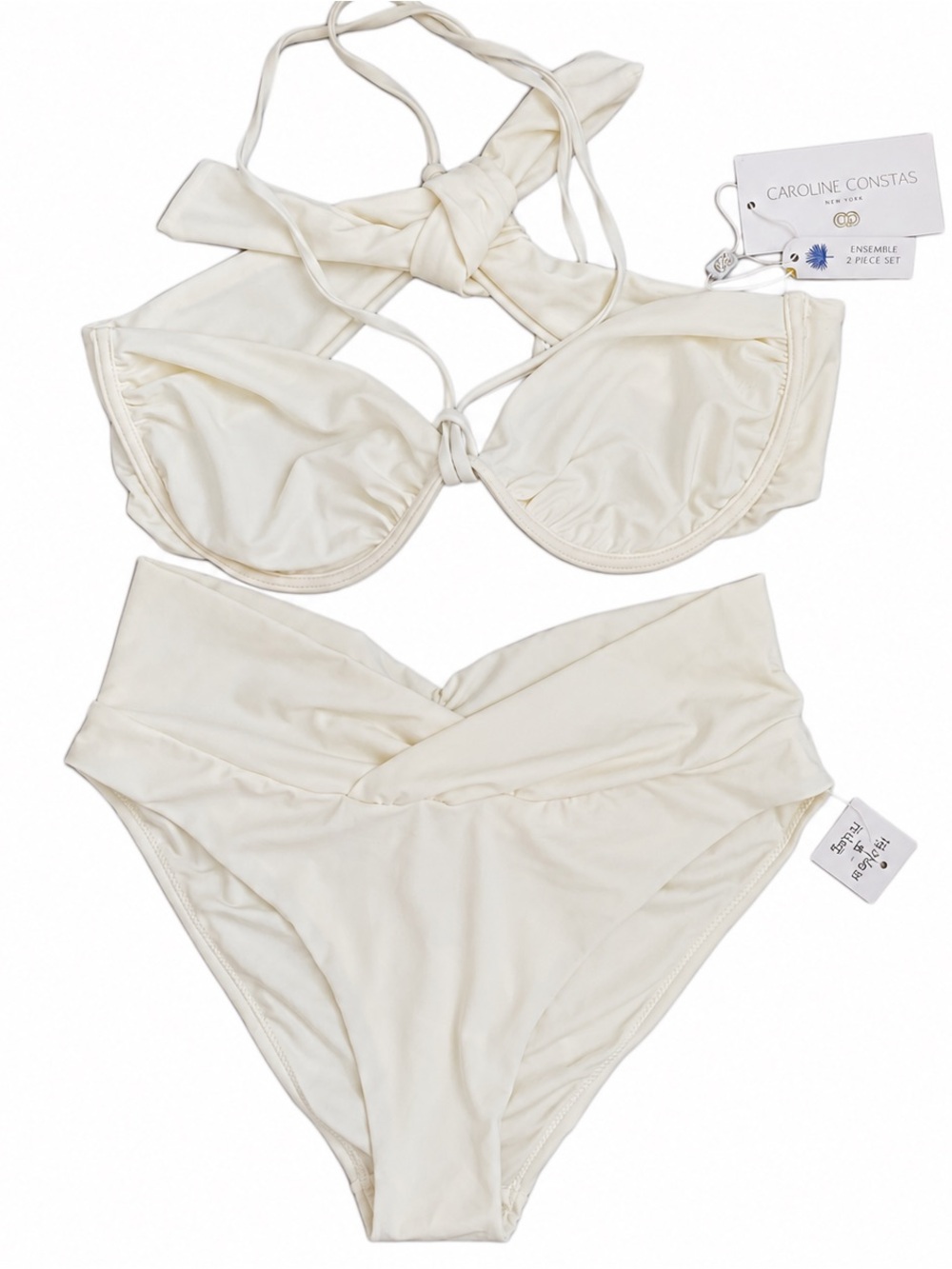 Caroline Constas Bandeau Underwire Halter Bikini Set Ivory High Waist Hi Leg L